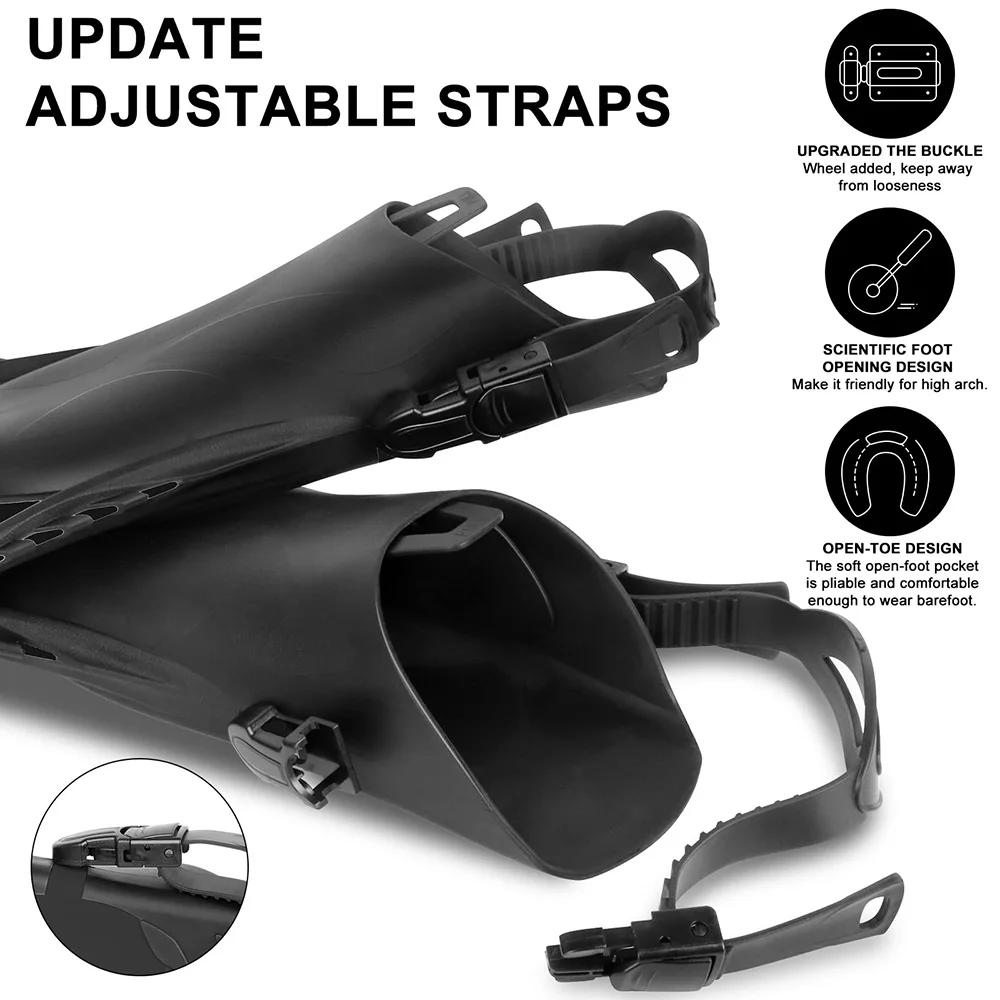 Snorkel Fins - Short Adjustable Open Heel | Silicone Swim Flippers for Adult Kid Youth Men Women Travel Diving view 6