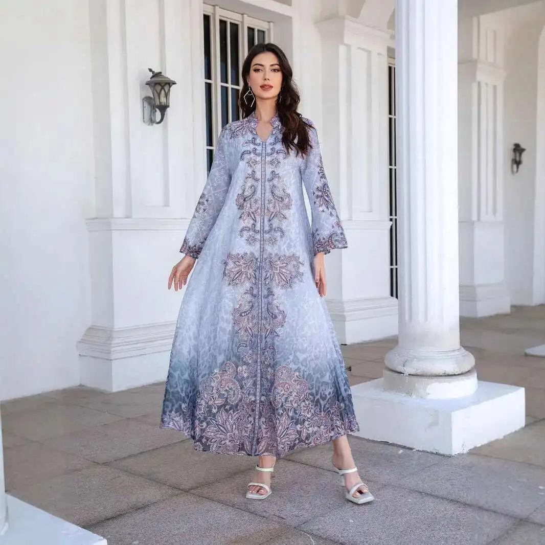 

Women's 241105 Muslim Clothing Long Robe Embroidered Fabric Print Rhinestone Women's Long Dress Abaya Dubai Luxury Islam Elegant