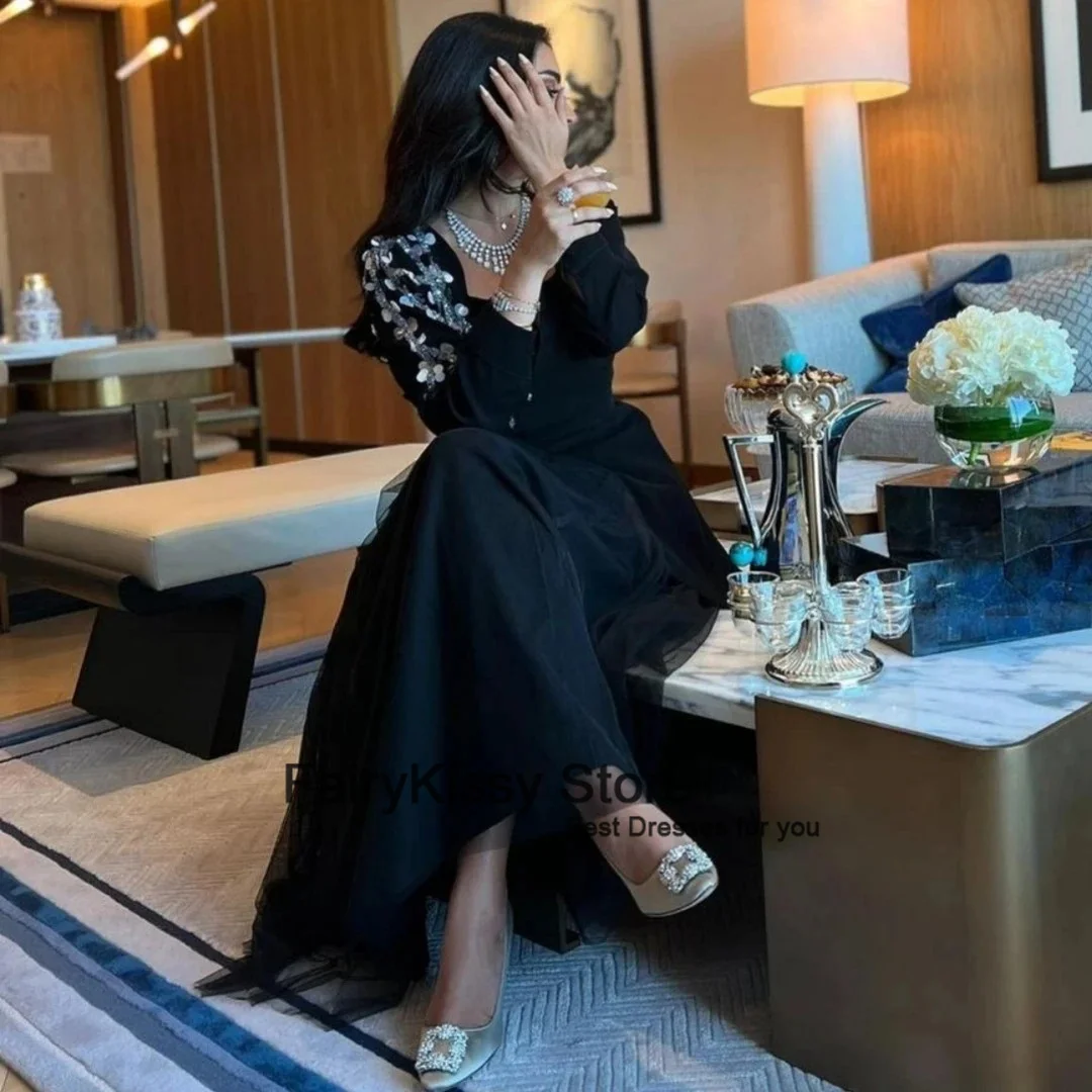 Fairy kissy elegant schwarz eine Linie Ballkleid Frauen Tüll Langarm Pailletten Party Abendkleid benutzer definierte Saudi formelle Anlass Kleid