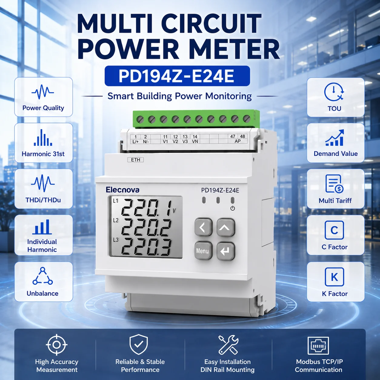 Multi-channel energy meter for data center power monitoring with TCP/IP communication and real-time power analysis
