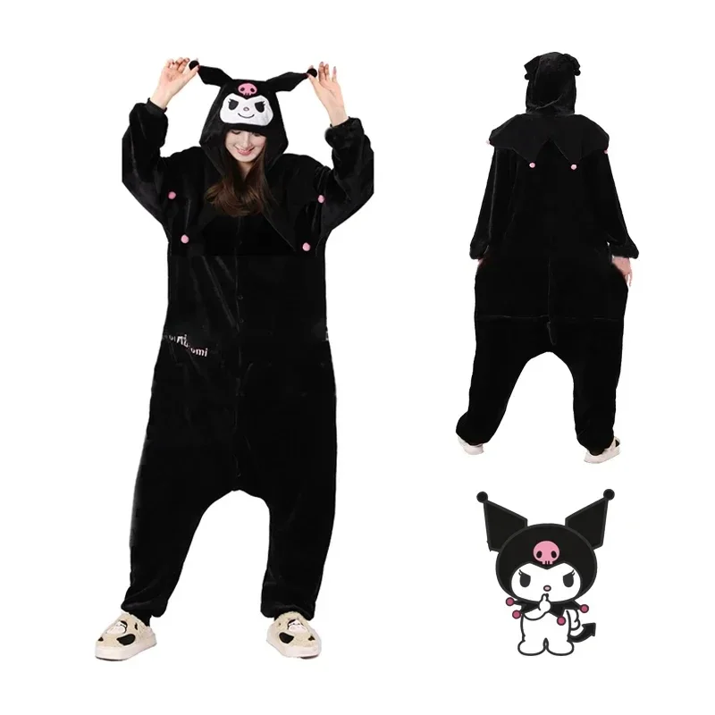 Anime Sanrio Kuromi Flannel Homewear Cosplay Women Pajamas Halloween Cartoon Onesies Kawaii Cute Holiday Girl Anime Gift