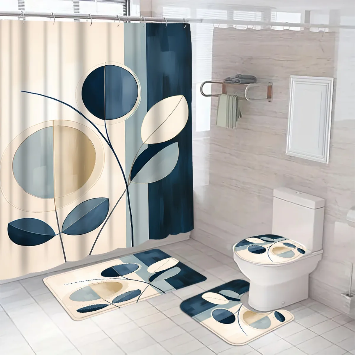 

4pc Abstract leaf pattern bathroom set, shower curtain with hooks, non-slip mat, toilet seat cover, non-slip mat.