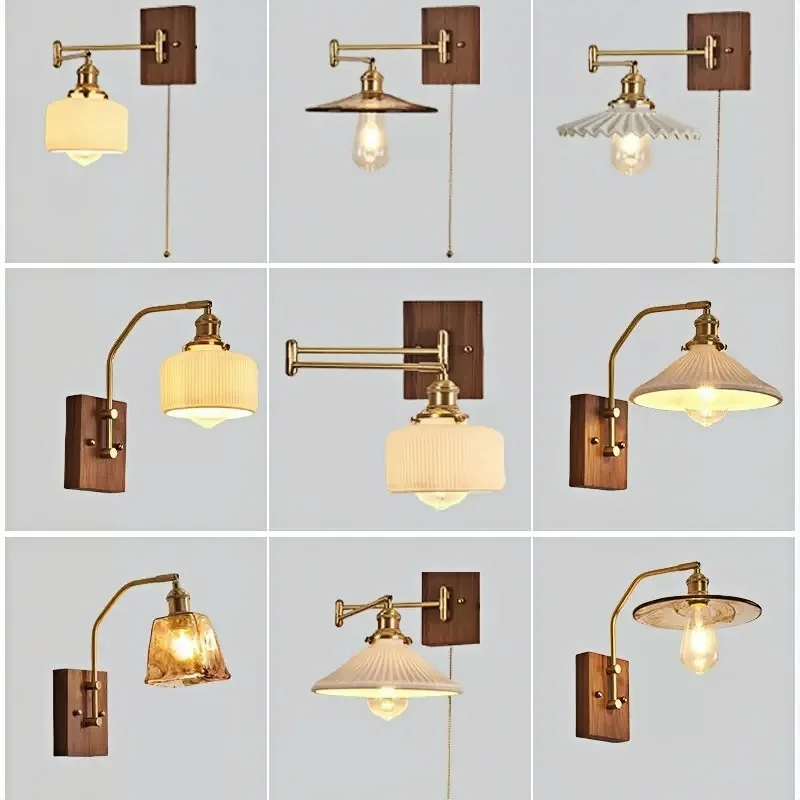 

New Copper LED Wall Lamp Japanese Style Minimalist Bedside Lamp Retro Background Wall Homestay Home Creative Small Wall Light