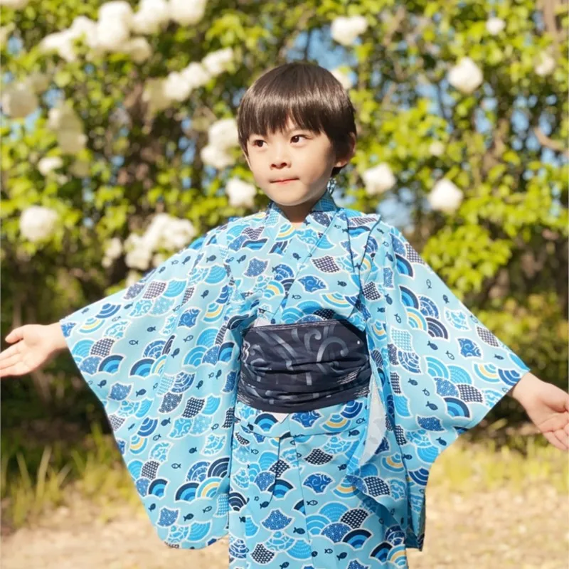 Boy Long Sleeve Formal Kimono Anti Wrinkle Japanese Style Fireworks Sea Wave Festival Children Clothing Long Robe Bathrobe ZE427