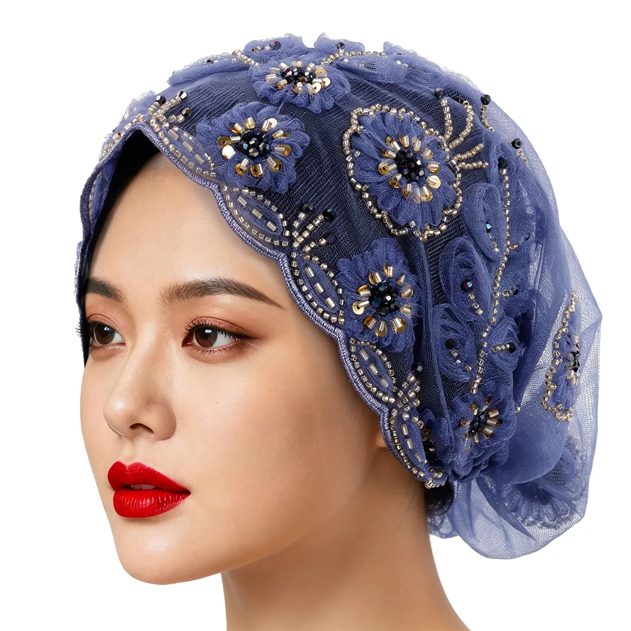 

Muslim fashion mesh turban scarf pure handmade beaded fringed turban breathable hat from Malaysia Cap