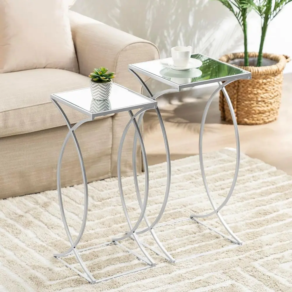 

Set of 2 Modern Nesting Side Tables with Metal Frame and Tempered Glass Top for Small Spaces - Silver