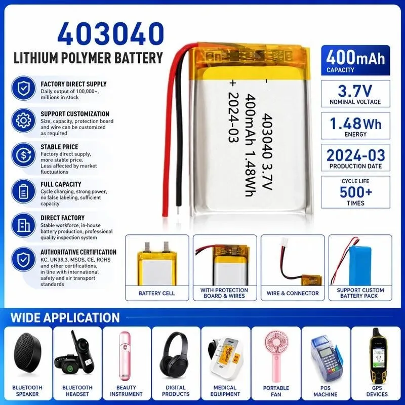 100pcs for 403040 Polymer Lithium Battery 400mAh 3.7V Rechargeable Cell for Fingerprint Lock Lamp Driving Recorder Power Supply