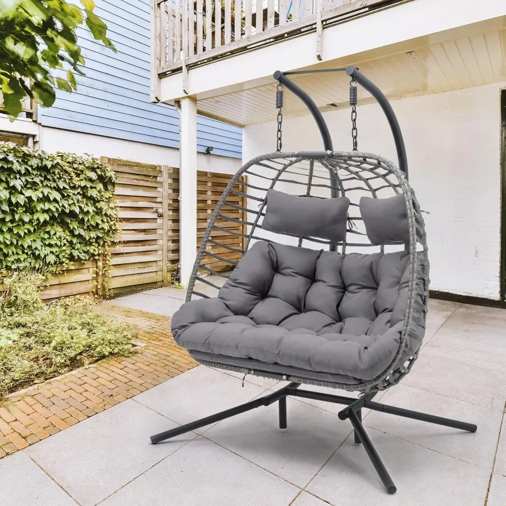 Double Egg Chair Swing with Stand Oversized Hand-Woven Wicker Rattan 2-Person Egg Chair for Outdoor Indoor, Hanging Egg Chair