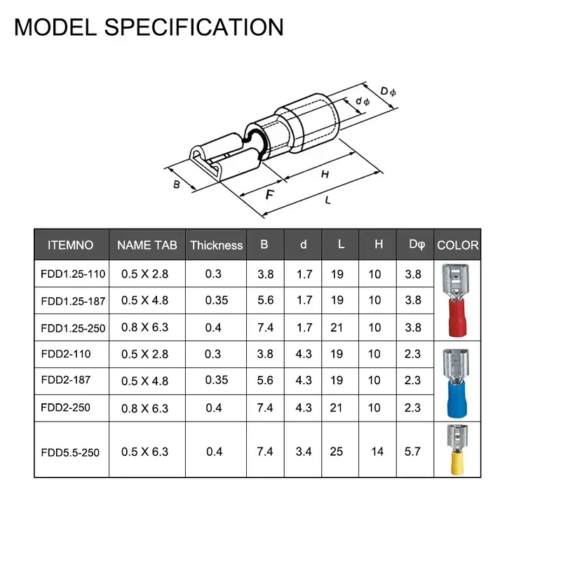 100/50/10pcs Female Crimp Terminal 2.8mm 4.8mm 6.3mm Insulated Spade Wire Connector Electrical Wiring Cable Plug Red blue yellow