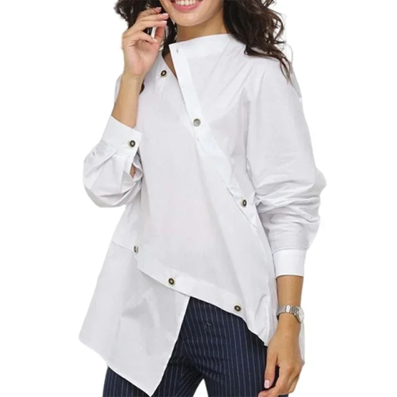 Lemongor Female Fashion Personality Buttoned Asymmetric White Blouses 2024 New Spring Autumn Long Sleeves Casual Shirts Tops