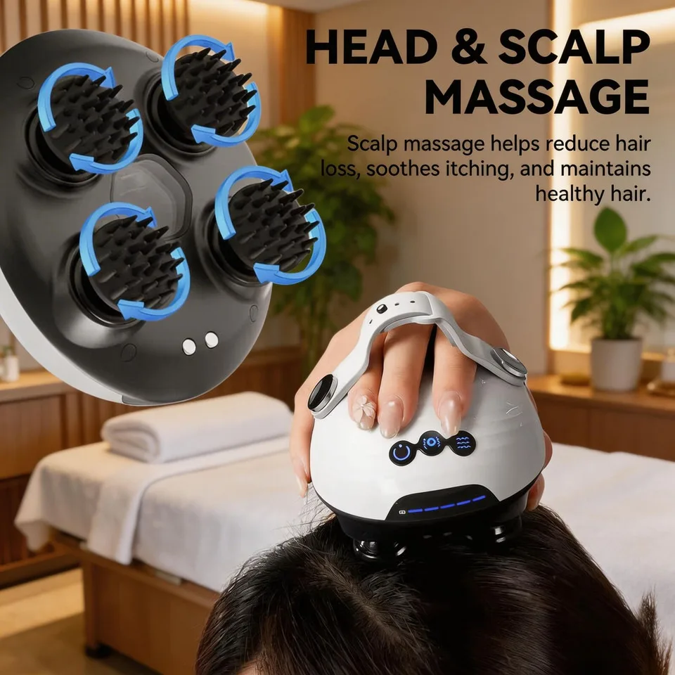 

Портативный электрический массажер для головы с вибрирующими насадками, красной LED-подсветкой и щеткой для чистки волос