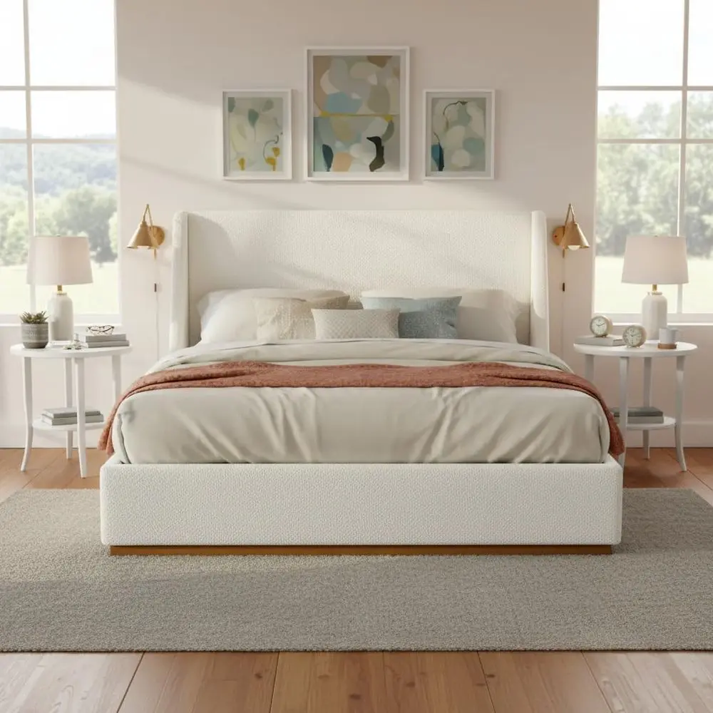 

Luxurious White Winged Queen Bed with Upholstered Headboard and Solid Rubberwood Frame, Supports 800 lbs