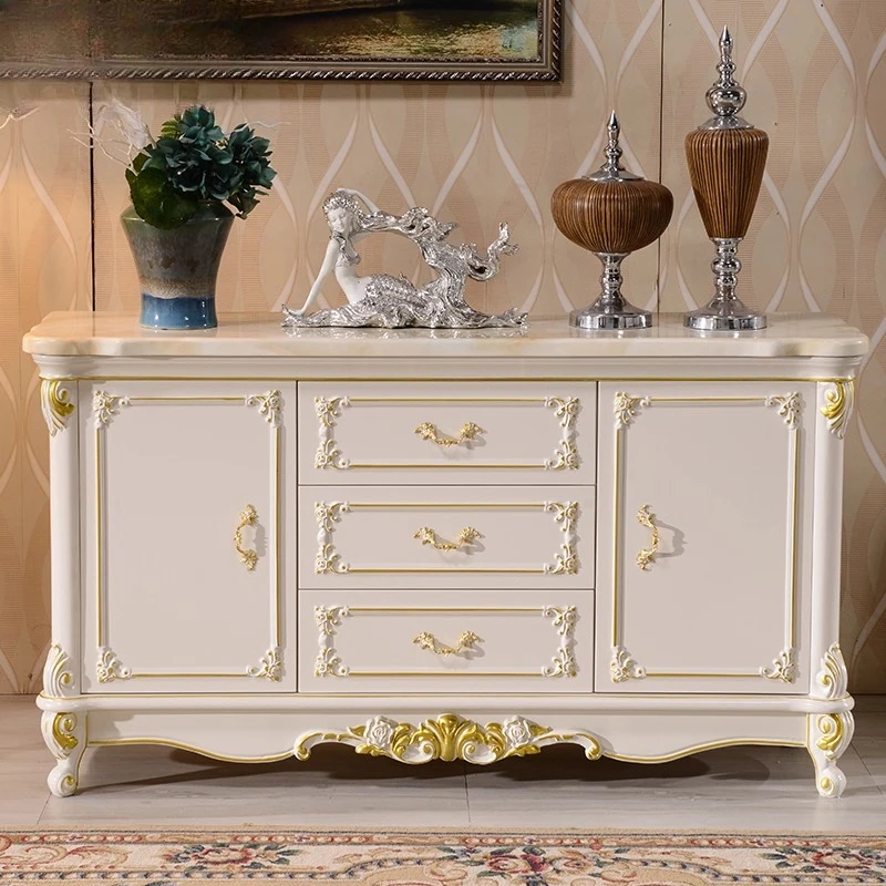 European solid wood carving flower side cabinet, marble side cabinet wine cabinet kitchen cupboard locker tea cabinet