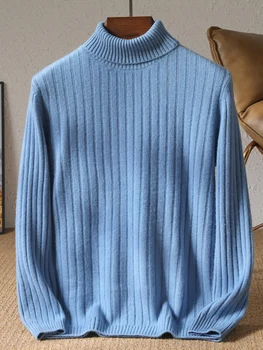 100% wełniany sweter z dzianiny Męski gruby sweter z golfem Business Casual Topy z długim rękawem Luźna ciepła koszula bazowa Jesień Zima Nowość