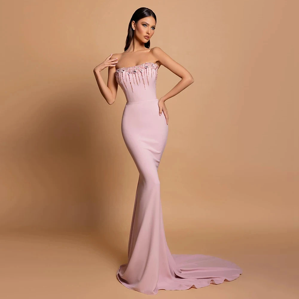 

Yipeisha Sexy Mermaid Strapless Evening Dress Sleeveless Beading With Sweep Train Backless Corset Prom Gown