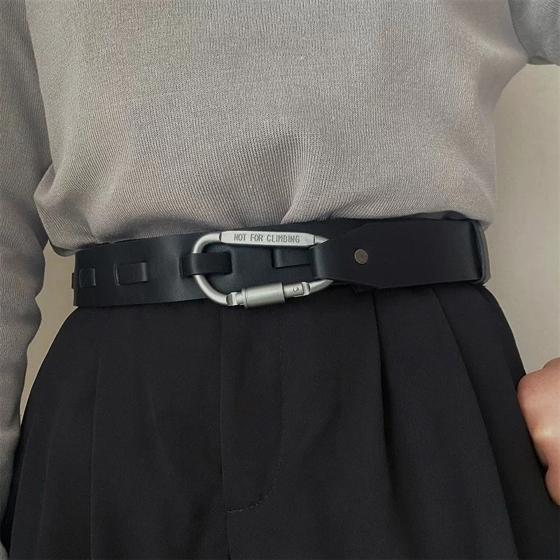 Techwear Style Metal Carabiner Leather Belt Men Women Hip Hop Punk Vintage Decorative Waist Belt For Jeans Coat