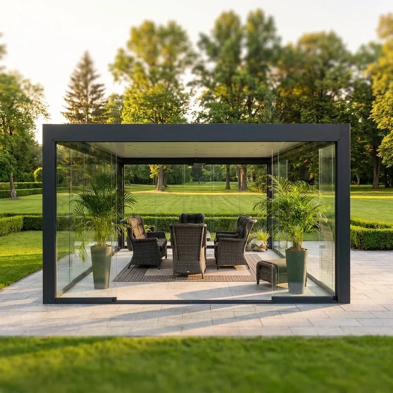Motorized Powder Coated Aluminum Louvered Pergola Sliding Glass Walls Waterproof Roof System Balcony Garden Sunroom Patio Decor