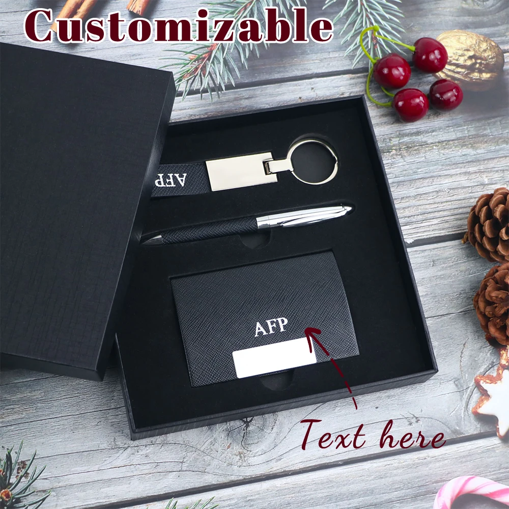 Customized name business gift box, business card case/keychain/pen holder, credit card holder, leather keychain, Christmas gift