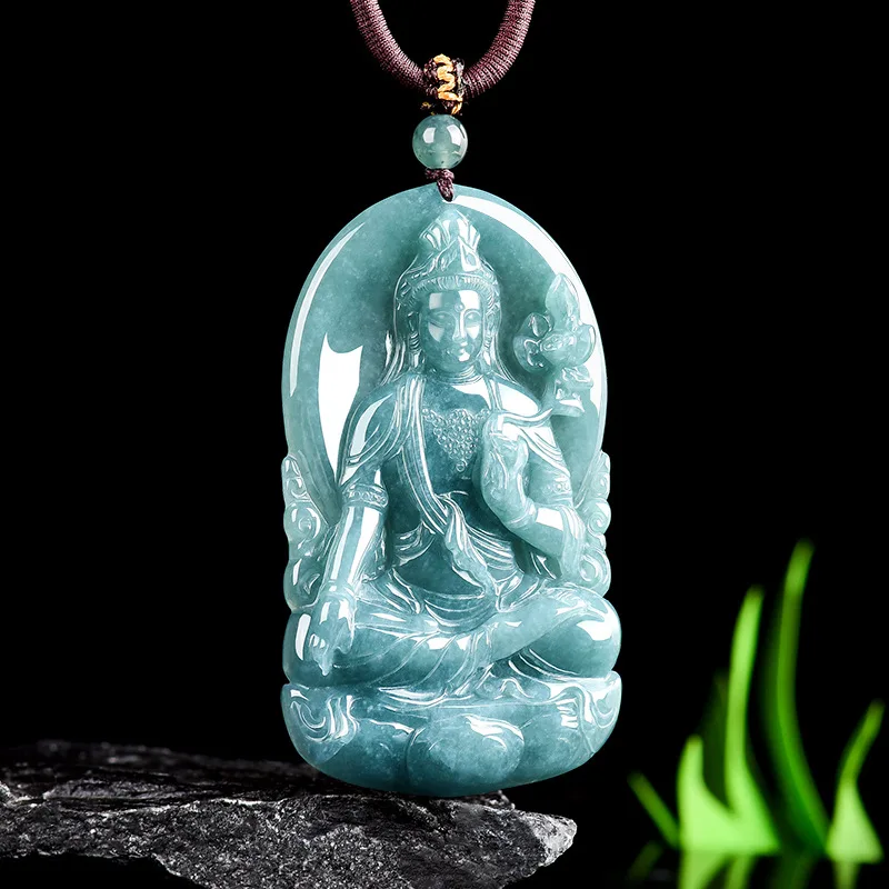 Natural Emerald Blue Water Mahasthamaprapta Bodhisattva Guanyin Jade Pendant Zodiac Horse Guardian Deity Buddha Amulet