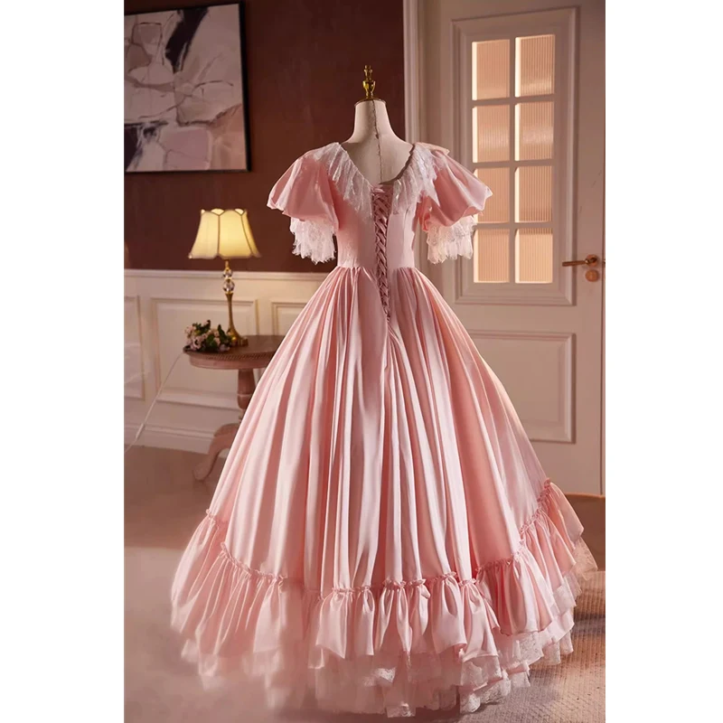 Evening Dress Customization Pink Satin O-neck Ruffles Short Puffy Sleeves A-line Pleat Plus size Women Party Formal Gowns B2956