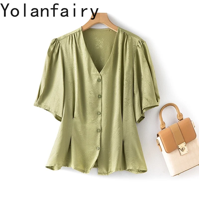

YOLANFAIRY рубашка из 100% натурального шелка тутового шелка, женская элегантная летняя рубашка с завязкой на талии, короткие рубашки с пышными рукавами, рубашки с v-образным вырезом dames