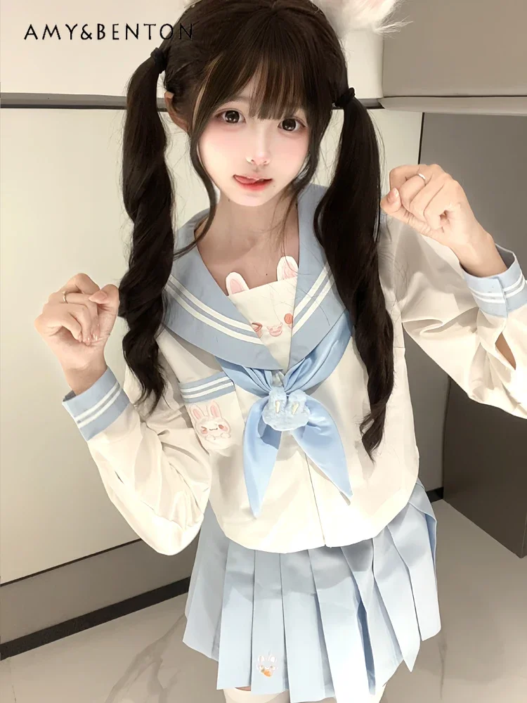 اليابانية نمط Preppy لطيف Jk موحدة الإناث الحلو الكرتون التطريز آذان أرنب البحرية طوق قميص مطوي تنورة قطعتين مجموعة