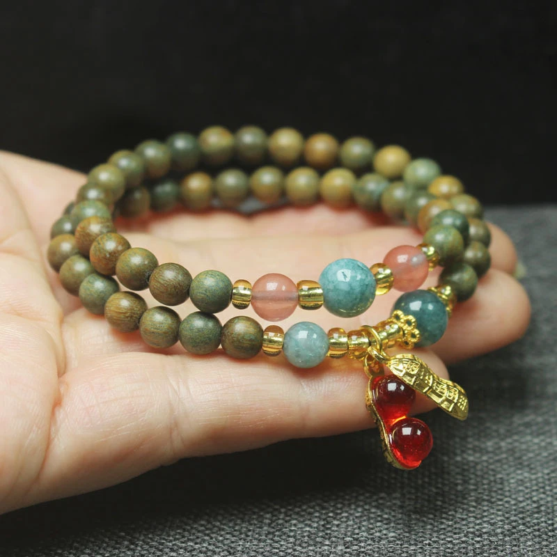 

Green Sandalwood with Fragrance 6mm Double Circle Bracelet with Peanut Pendant, Women's Buddhist Prayer Beads and Jewelry