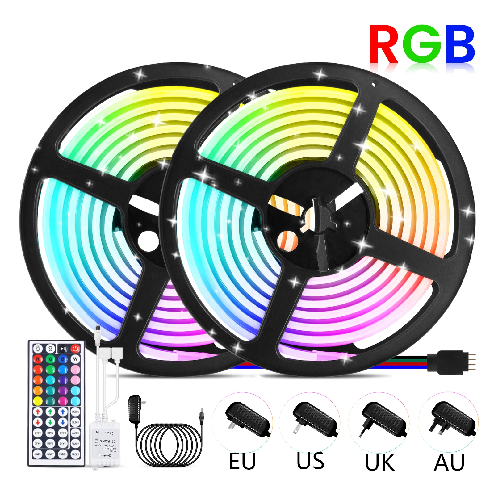 12V 24V 44key IR Remote RGB COB LED Strip Light Control EU US UK AU Power Plug Kit 576LED Flexible Silicone Tube Lamp Waterproof