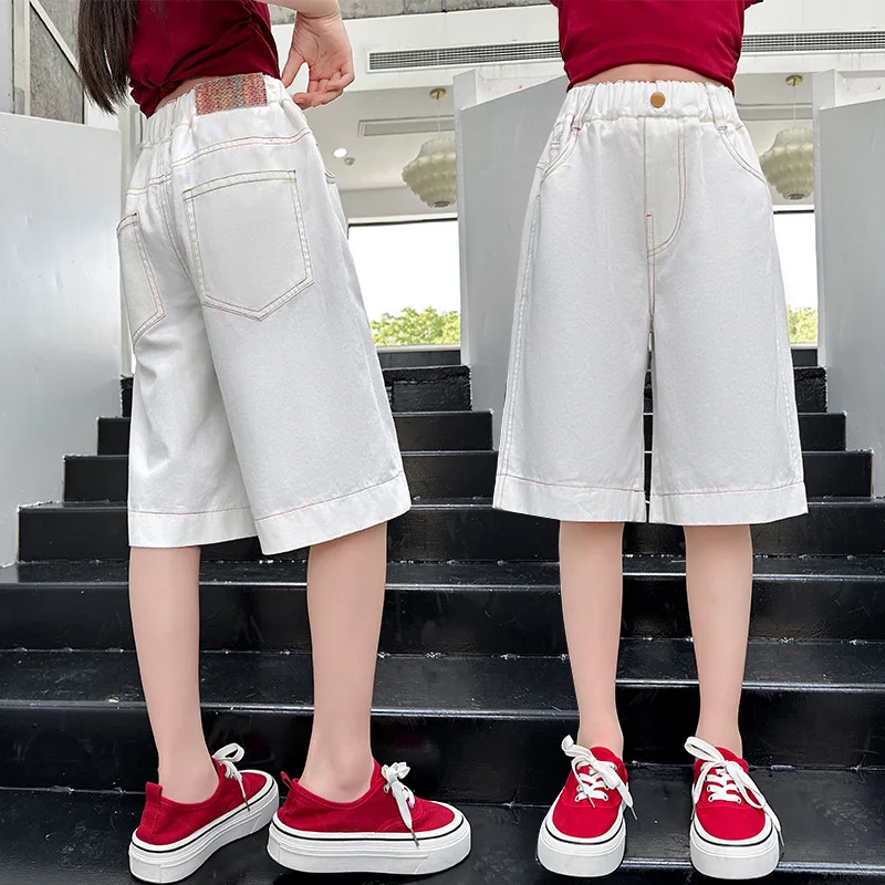 Girls Summer White Denim Shorts Children's Casual Five-Point Thin Straight Short Pants Korean Style Above Knee Trousers for Kids
