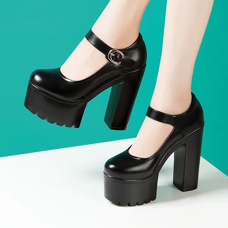 10cm 14cm Elegant Women's Shoes Soft Leather Mary Janes with Heels 2025 Autumn Block High Heels Shoes Platform Model Dress Work