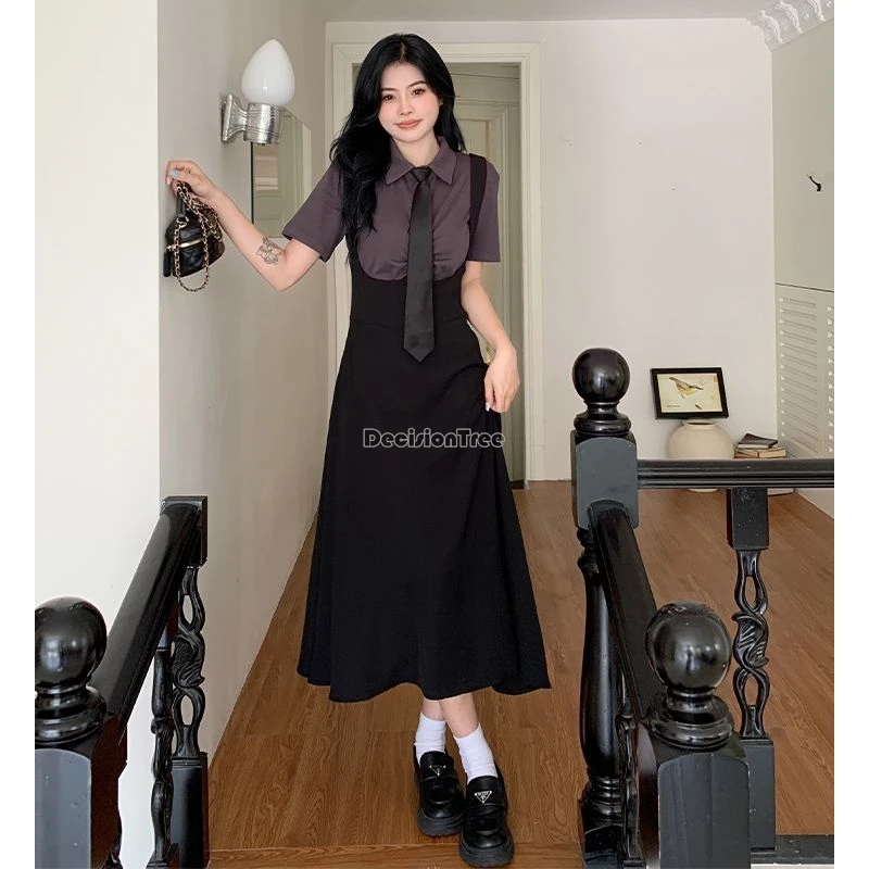 2024 new Women's fashion elegant retro style preppy jk uniform short sleeve shirt + pleated mid-length/long sundress jk set w745