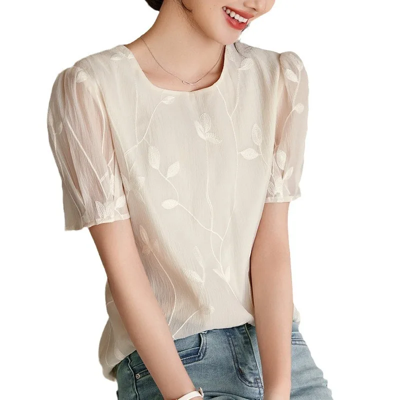 Women Short Sleeve Blouse Chic Summer Clothing 2024 New Korean Style Dongdaemun Female Casual Embroidery Tops Chiffon Blouse