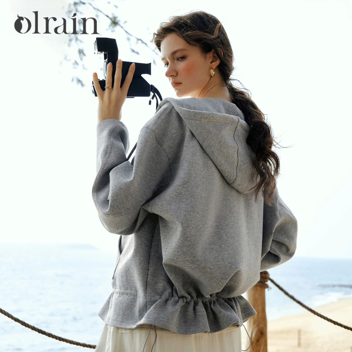 

OLrain Oversized Hoodie Woman Sporty Embroider Zip Up Hoodie Spring 2026 Casual Draw String Knit Female Sweatshirts O58CW002585