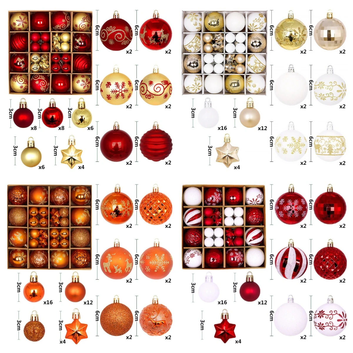 Juego de adornos de bolas de Navidad de 44 Uds., decoración colgante única pintada de 3-6cm, embalaje de caja de cartón para arreglo de escena de fiesta en casa