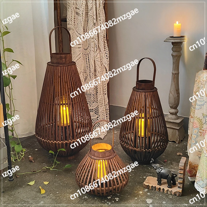 Pear-shaped Floor-to-ceiling Bamboo Wind Lamp, Hand-woven Lantern Ornament, Hot Spring Spa Resort Candlestick Decoration