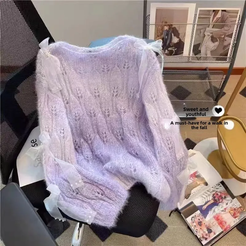 Suéter de Punto de Manga Larga para Mujer, Estilo Otoñal Dulce, Diseño de Nudo de Mariposa, Suave y Hoado, Estilo Japonés I...