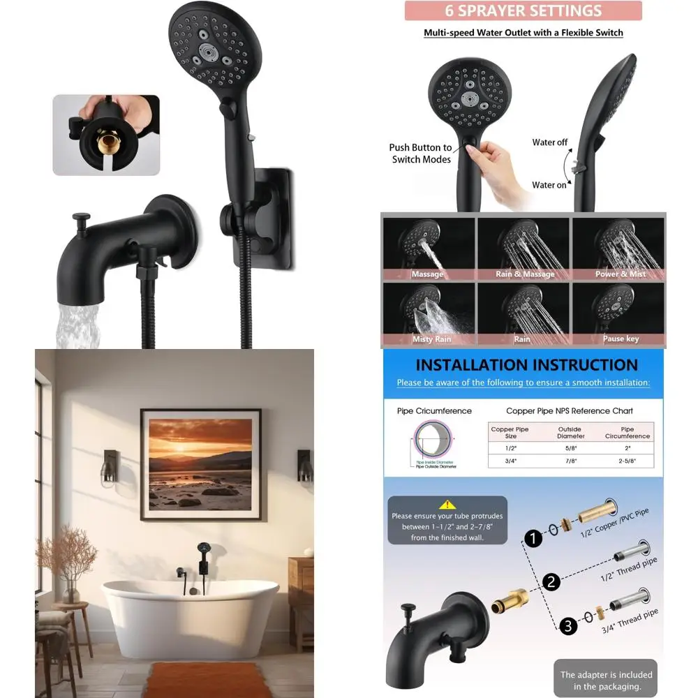 

Matte Black Bathtub Faucet with Sprayer and Diverter for 1/2 or 3/4 IPS Threaded Tub Spout, Ideal for Modern Bathroom Upgrades