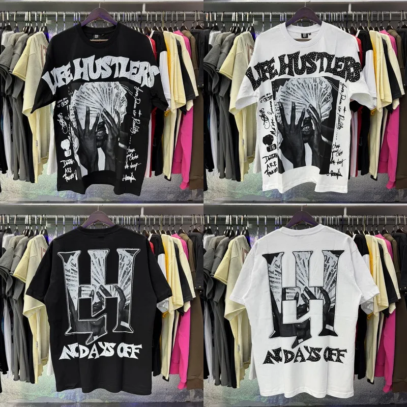 American Casual Fashion Life Hustlers T-shirt High-quality Comfortable Cotton Rhinestone Printed Short Sleeved Top Men Women