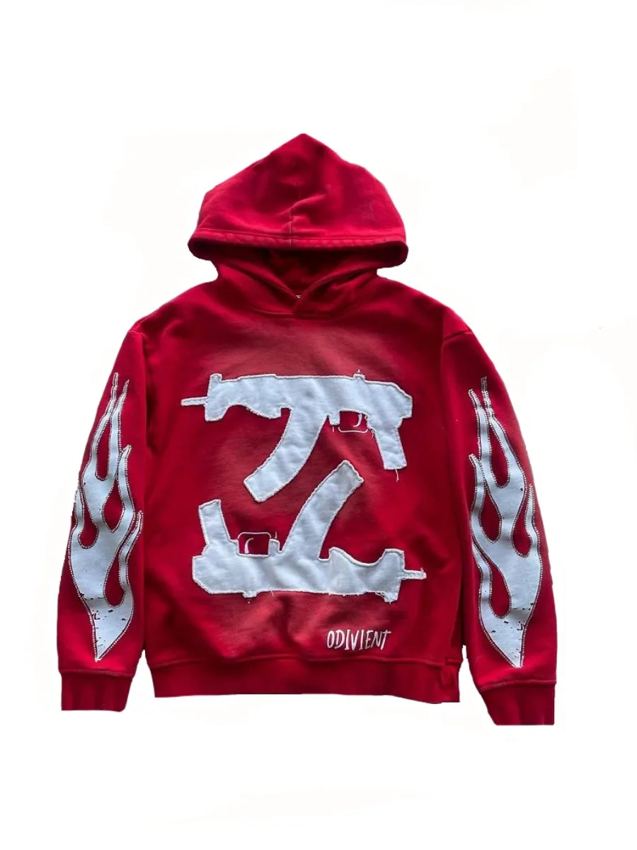 Patchwork doble patrón de pistola de manga larga Sudadera con capucha suéter americano Y2k moda High Street Sudadera con capucha