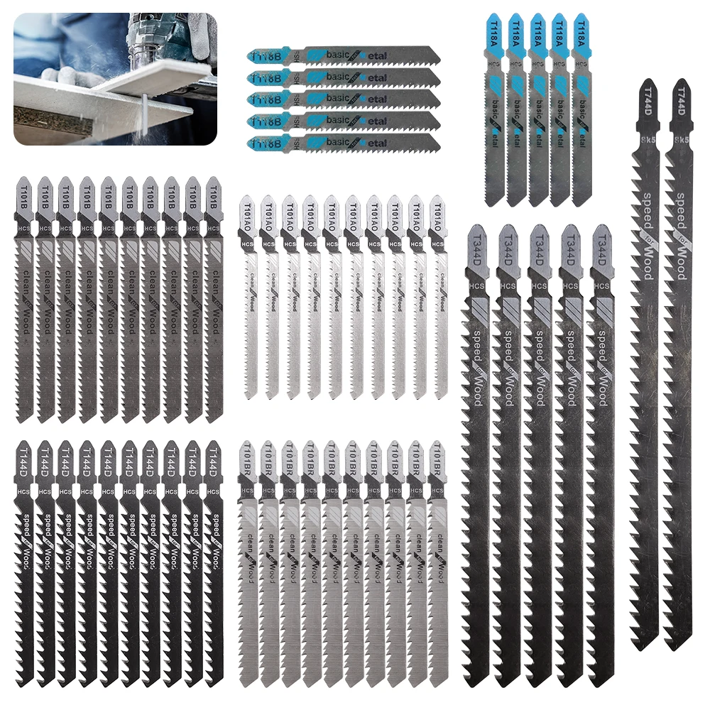 57pcs Jig Saw Blade Set High Carbon Steel Assorted Blades T-shank Fast Cut Down Jigsaw Blade Jig Saw Cutter Accessories Metal