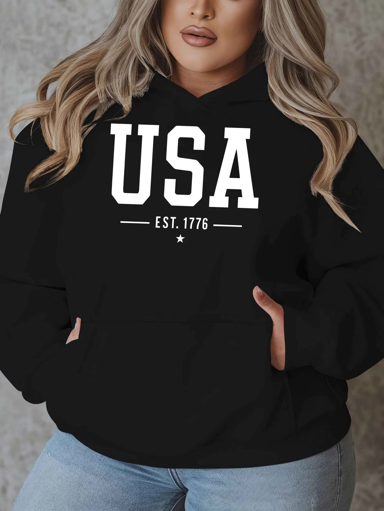 USA Est 1776 Printed Hooded Sweatshirt, Casual Long Sleeve Pullover for Women, Polyester Material, Slight Stretch, Fall/Winter Season, Oversized Fit, Alphabets Pattern, Hooded Collar Style