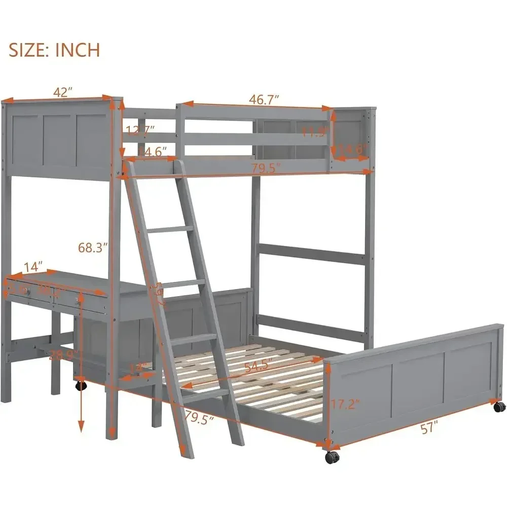 Twin Over Full L-Shaped Wooden Bunk Bed with Desk, Storage Drawers, and Ladder for Kids, Teens, Adults (Grey)