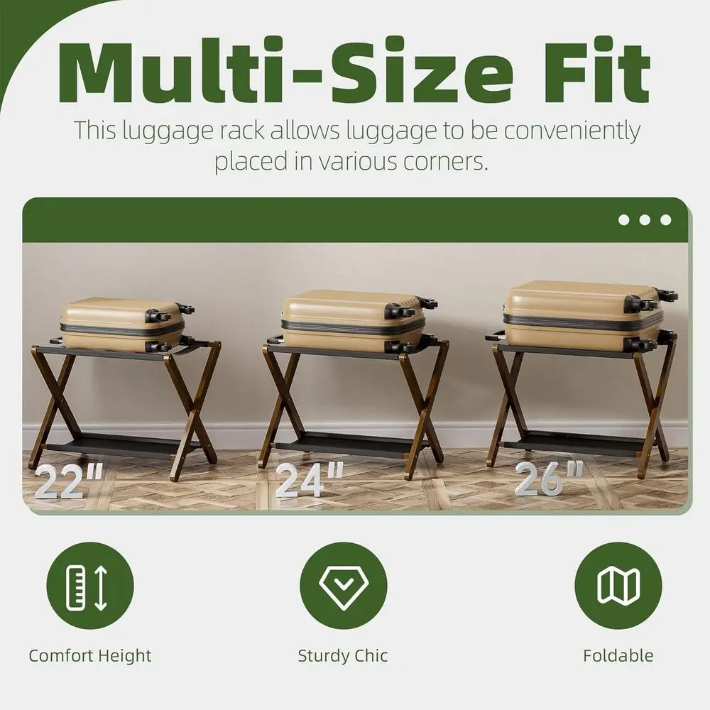 Set di 2 porta valigie pieghevoli in bambù con ripiano portaoggetti, supporto premium per casa, hotel, può contenere fino a 135 libbre