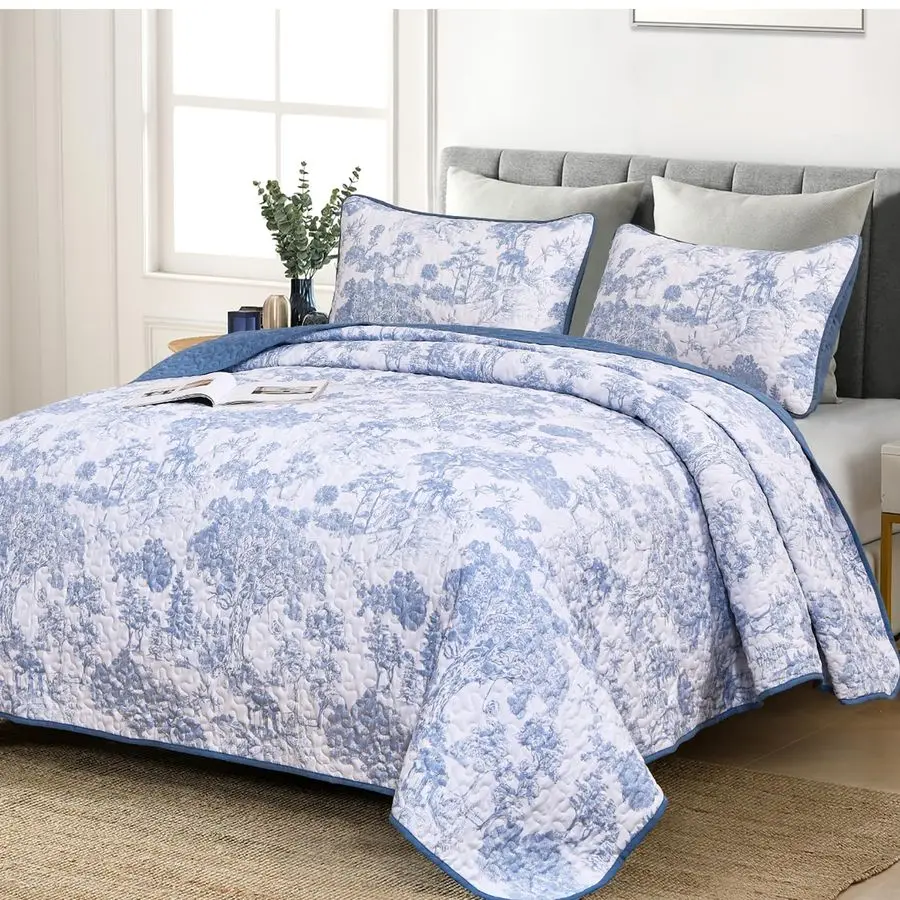 

Blue Quilt Set Queen Size, 3 Pieces Botanical Bedspreads Set Lightweight Microfiber Blue Toile Plants Pattern Coverlet Home Deco