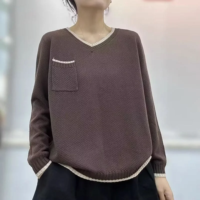 Winter Women's Solid Color V-Neck Long Sleeve Art Autumn Fashion Loose Various Colors Versatile Commuter Comfortable Knitted Top