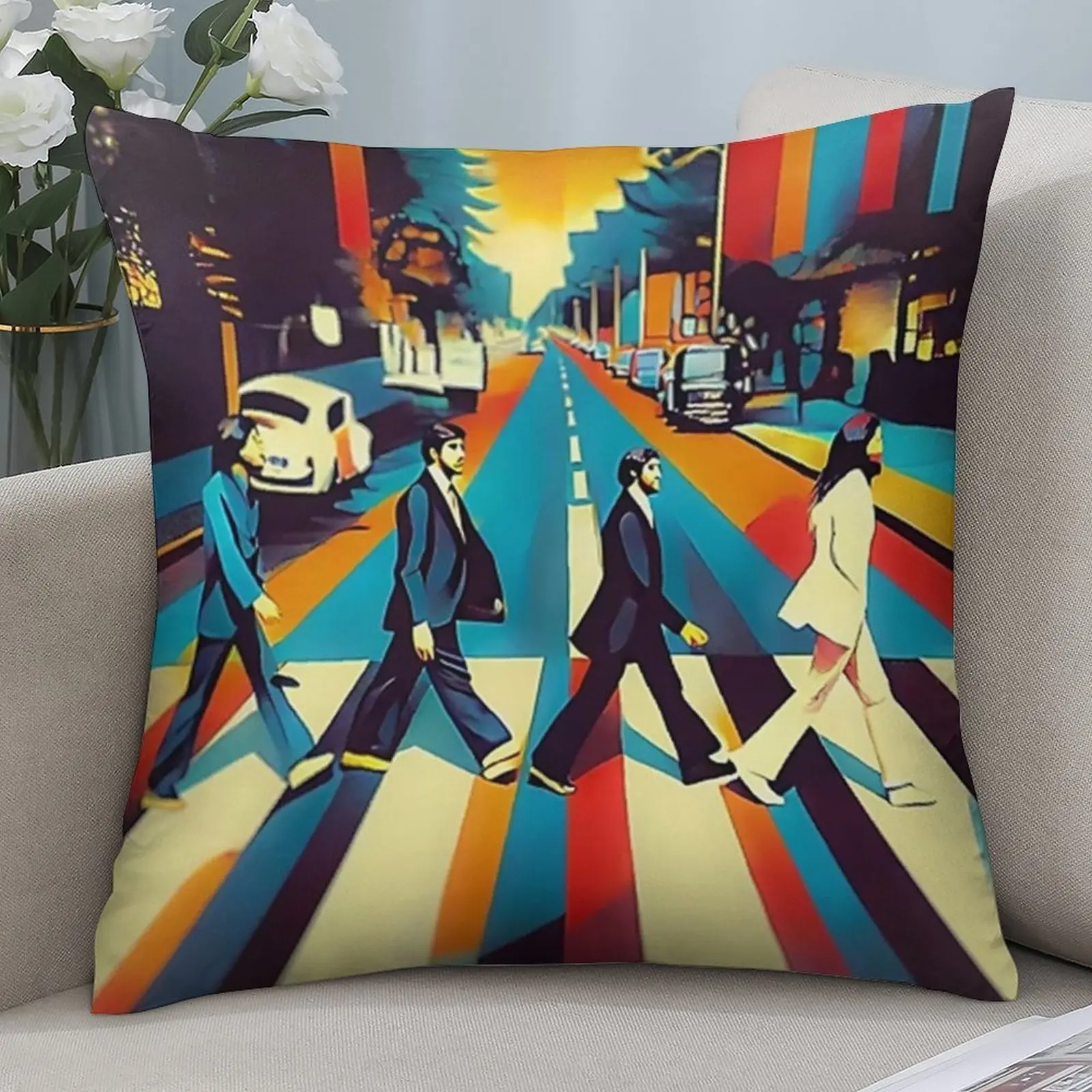 1 Stück The Beatles Abbey Road Kunstdruck-Kissenbezug, 2D doppelseitiger Polyester-Kissenbezug, Retro-Rockband-Dekokissen, G
