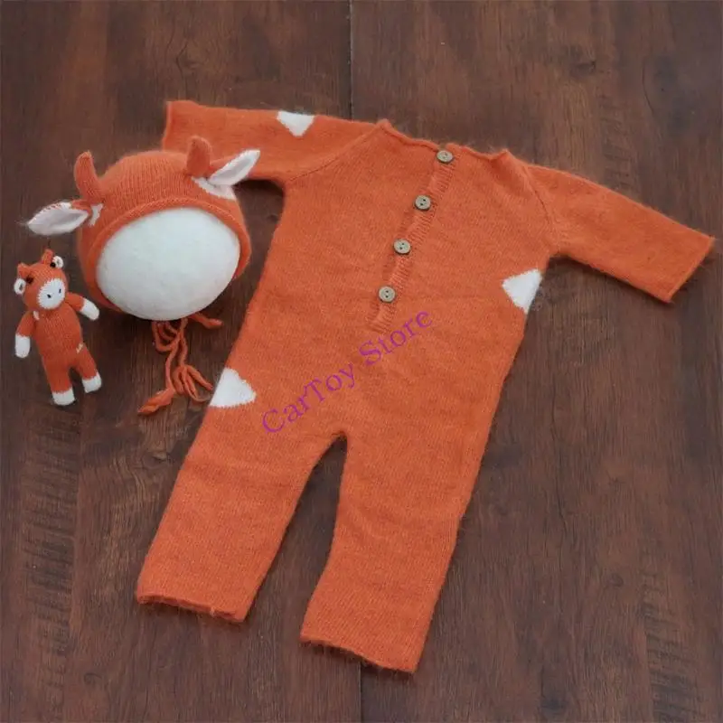 634F 3 PCS Baby Breien Cow Hat Dier voor Doll Romper Set Handgemaakte Haak Mohair Bodysuit Pasgeboren fotografie