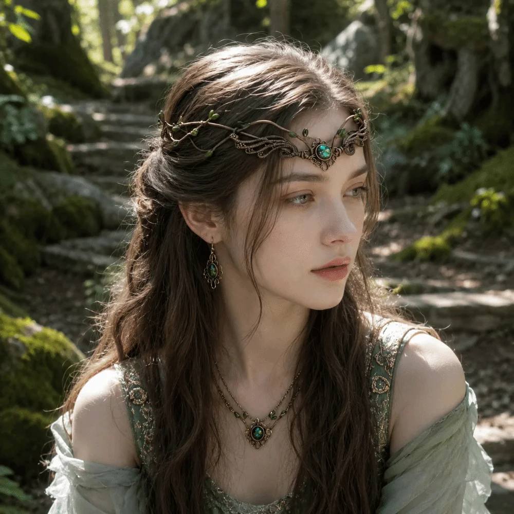 Moon Flower Elven Crown Renaissance Green Gemstone Bridal Forehead Chain Vintage Gemstone Branch Leaf Headpiece Wedding