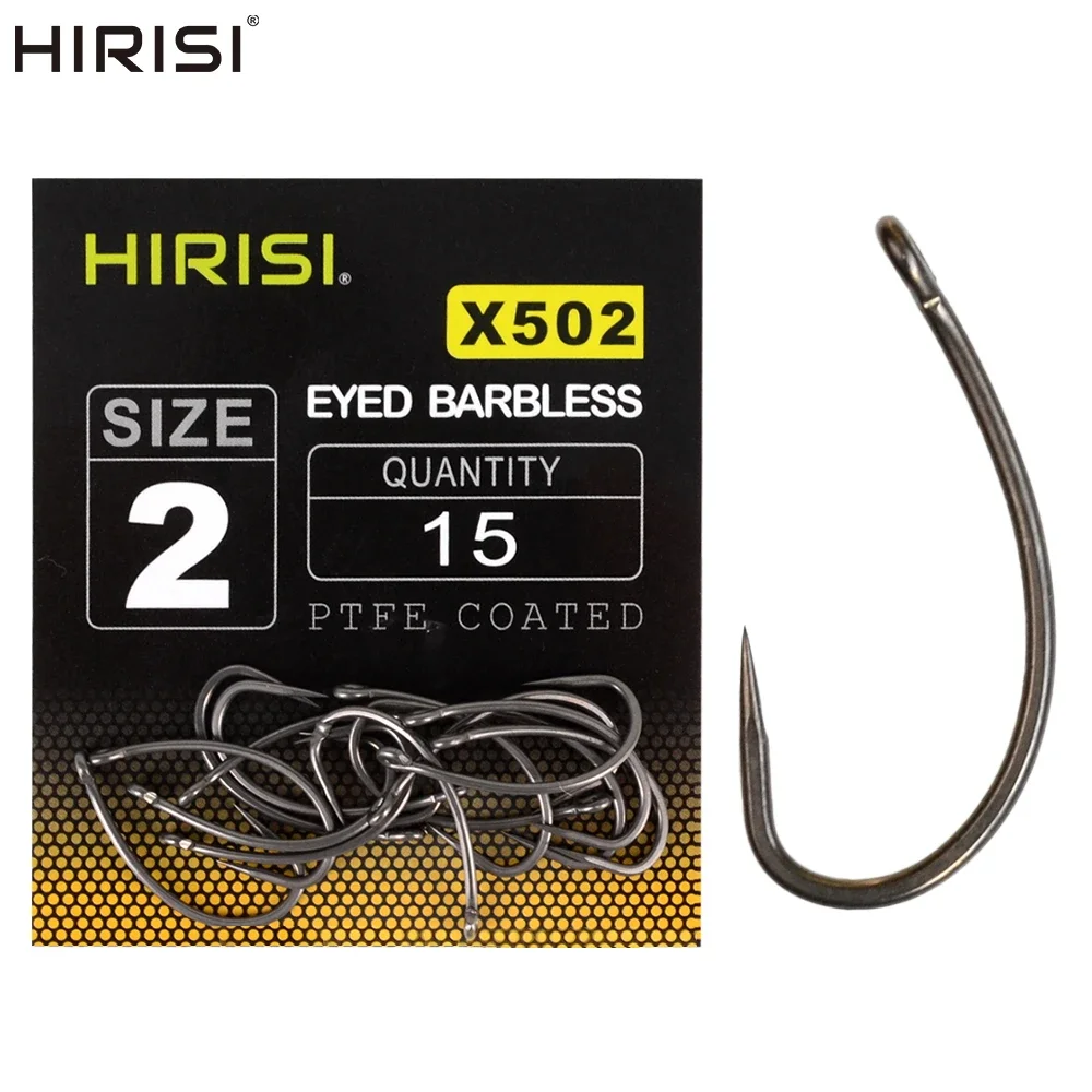 

Hirisi 15pcs PTFE Coated High Carbon Stainless Steel Barbless Fishing Hooks With Eye Carp Fishing Tackle X502