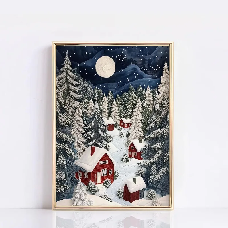 Winter Christmas Snowy Village Red Cabins Pine Forest Starry Night Canvas Poster Print Frameless Wall Art Festive Holiday Decor